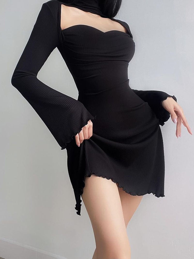 Geumxl Chic Halter Frill Flare Sleeve Black Casual Dress Spring Autumn Basic Knitted Korean Clothes Cut Out Slim Women Dress