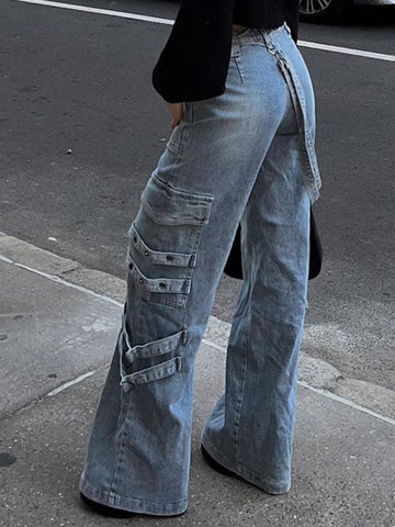 Geumxl Streetwear Pockets Ribbon Cargo Jeans Women Fashion Vintage Buckle Punk Full Length Denim Trousers Design Party Cloth