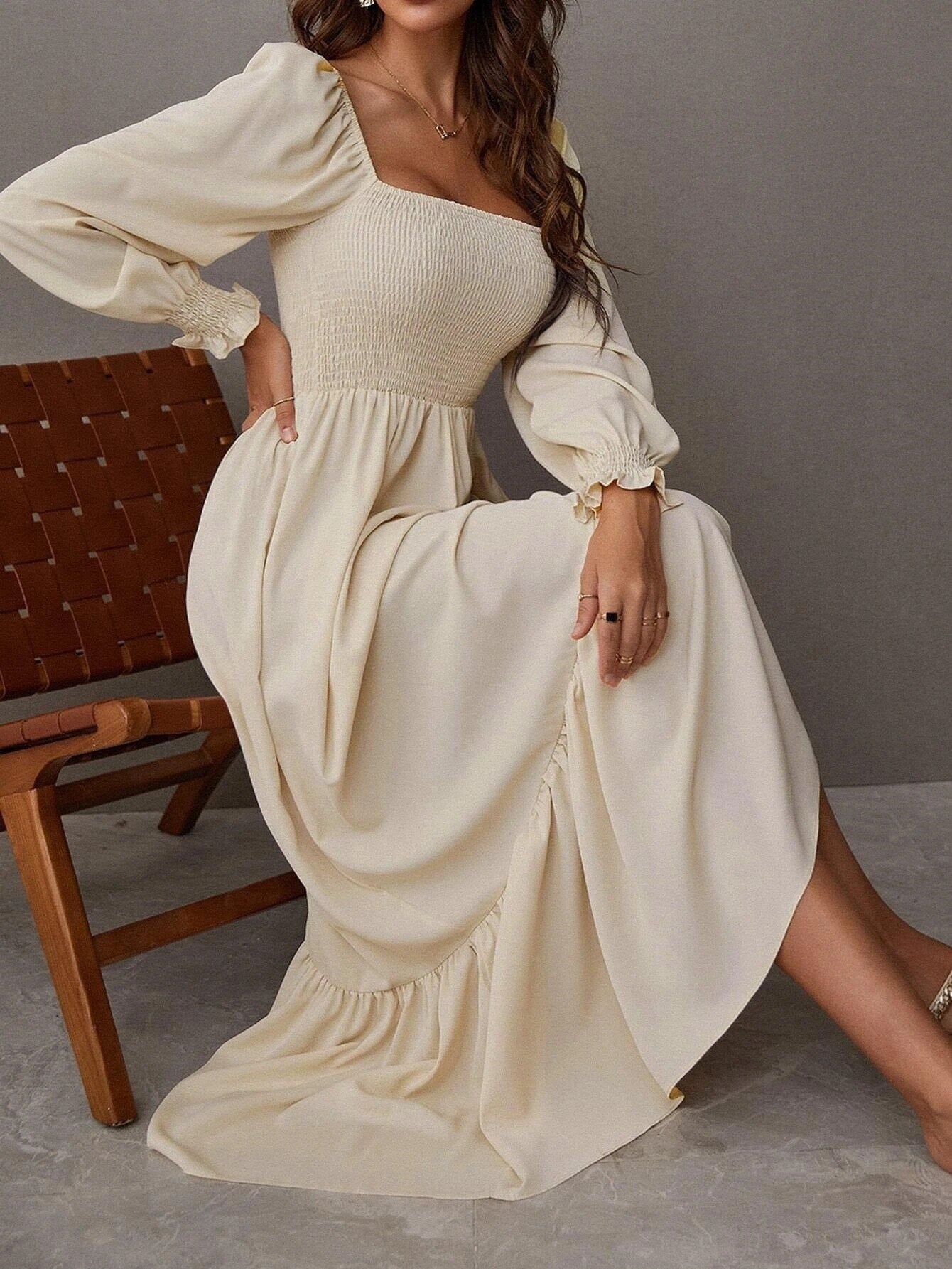 Back to School Vintage Square Neck Midi Dress Long Sleeve Ruffle A Line Robe High Waist Elasticity Commuter Office Lady Casual Long Dresses