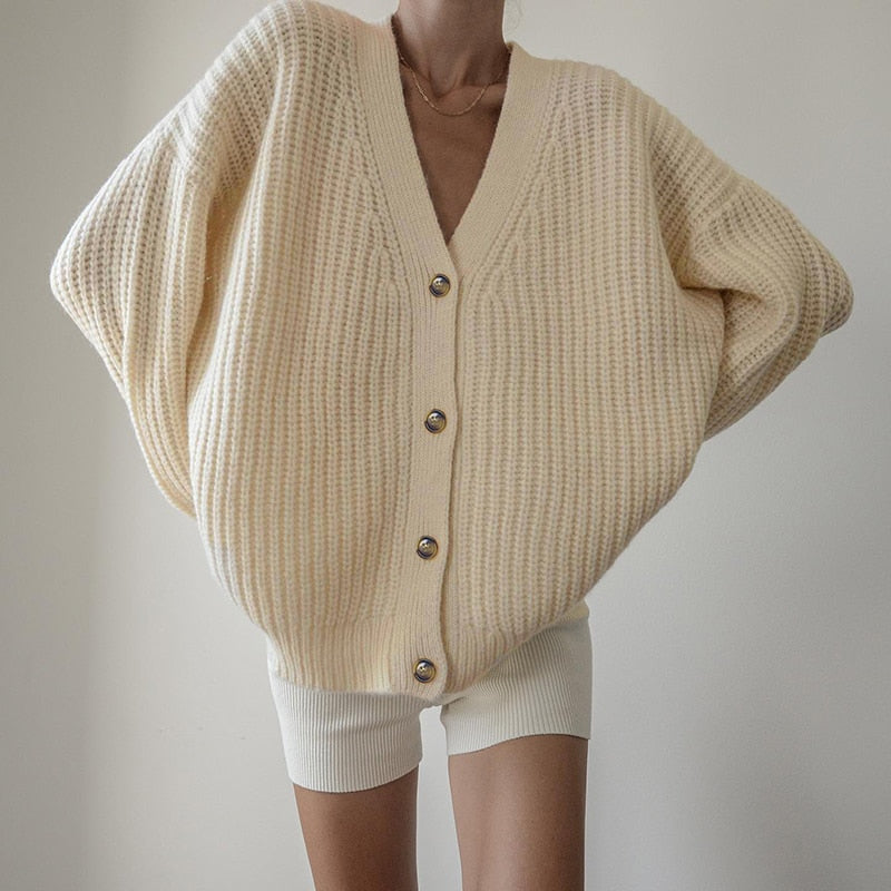 Geumxl V Neck Fashion Basic White Autumn Winter Cardigan Knitted Sweater Jacket Buttons Up Solid Oversized Sweaters Elegant