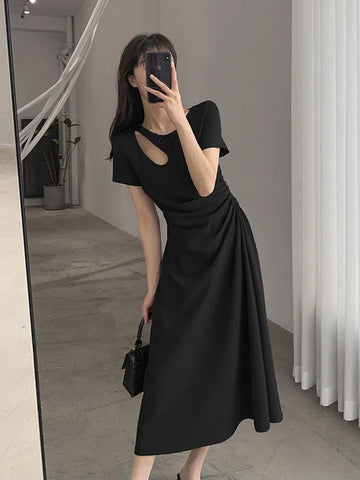 Geuxml  Summer Short Sleeve Black Vintage Casual Elegant Midi Dress Beach Pleated Out Women Party Fashion Dresses Vestidos largos