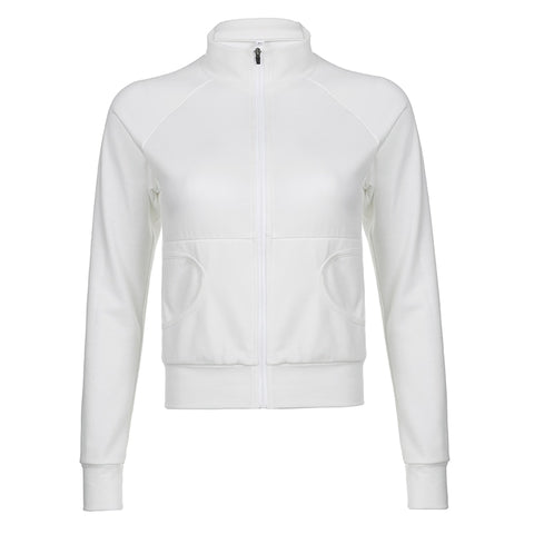 Geumxl Casual White Turtleneck Zip Up Sweat Jacket Sporty Chic Coat Basic Streetwear Pockets Autumn Jackets For Women Retro