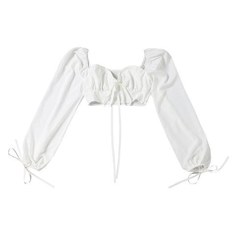 Spring 2023 White Women's Elegant Balloon Sleeve Top Blouse Shirts New Spring Crop Tops Solid Fashion Club Sexy Backless Blusas