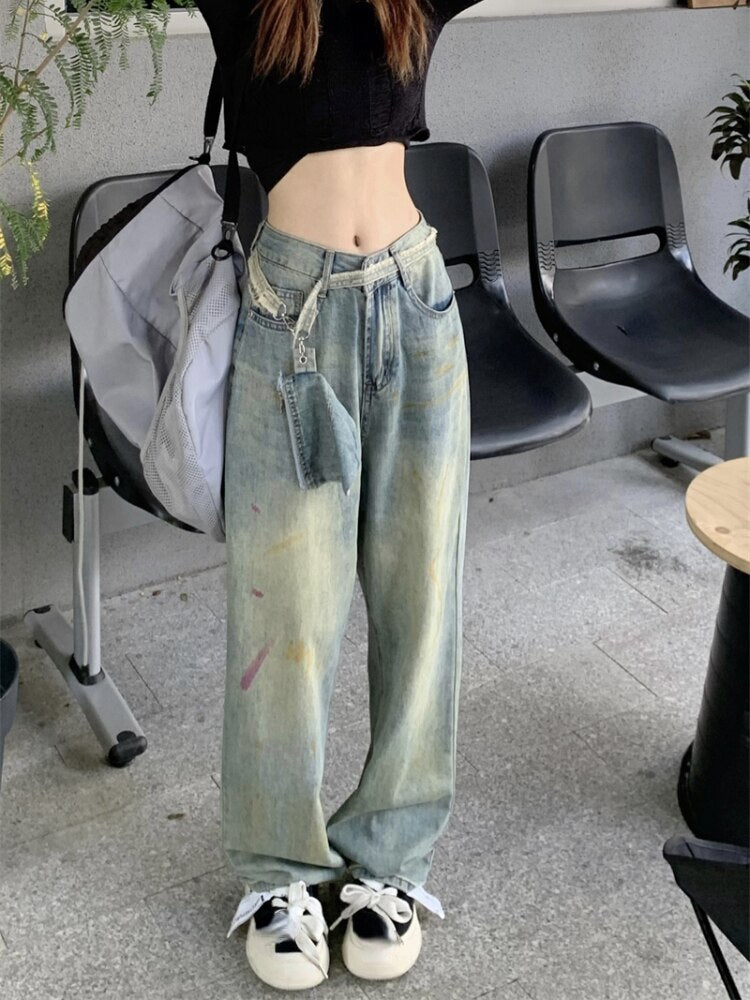 Back to School Vintage Pure Color Wide Leg Pants Women Streetwear High Waist Casual Baggy Jeans Slim Korean Fashion Denim Trousers 2023 Summer