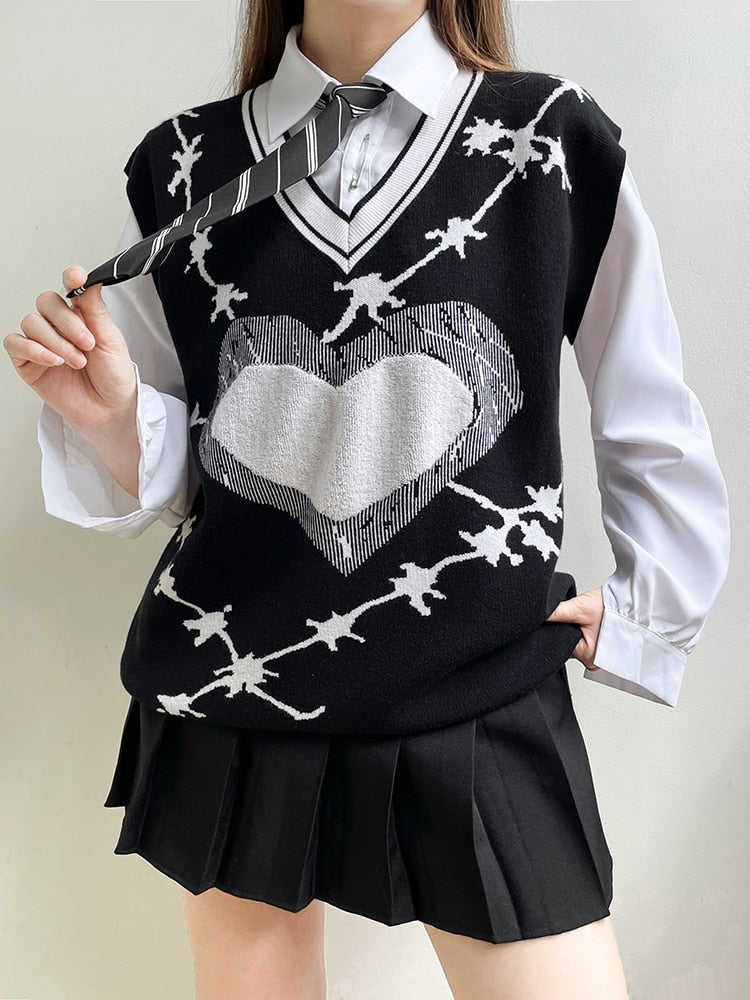 Geumxl Gothic Grunge Pattern Thorns Heart Sweater Vest V Neck Loose Harajuku Autumn Pullover Jumpers Knitted Aesthetic Dark