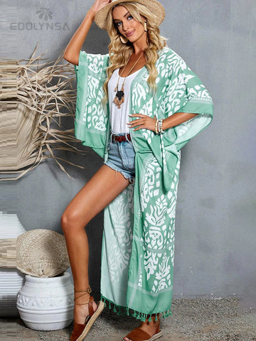 Geumxl Printed Fringed Long Kimono Dress Bikini Wrap Cover-Ups Plus Size Women Summer Clothes Beach Wear Swim Suit Cover Up A1098