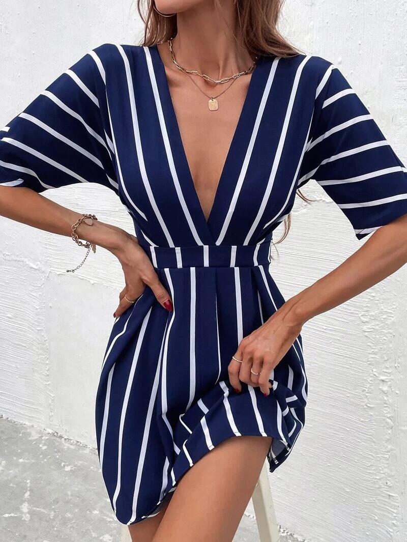 Back to School 2023 Summer Dresses for Women Casual Long Women's Striped Print Wrap V Neck Short Sleeve A Daytime Dresses Women Casual