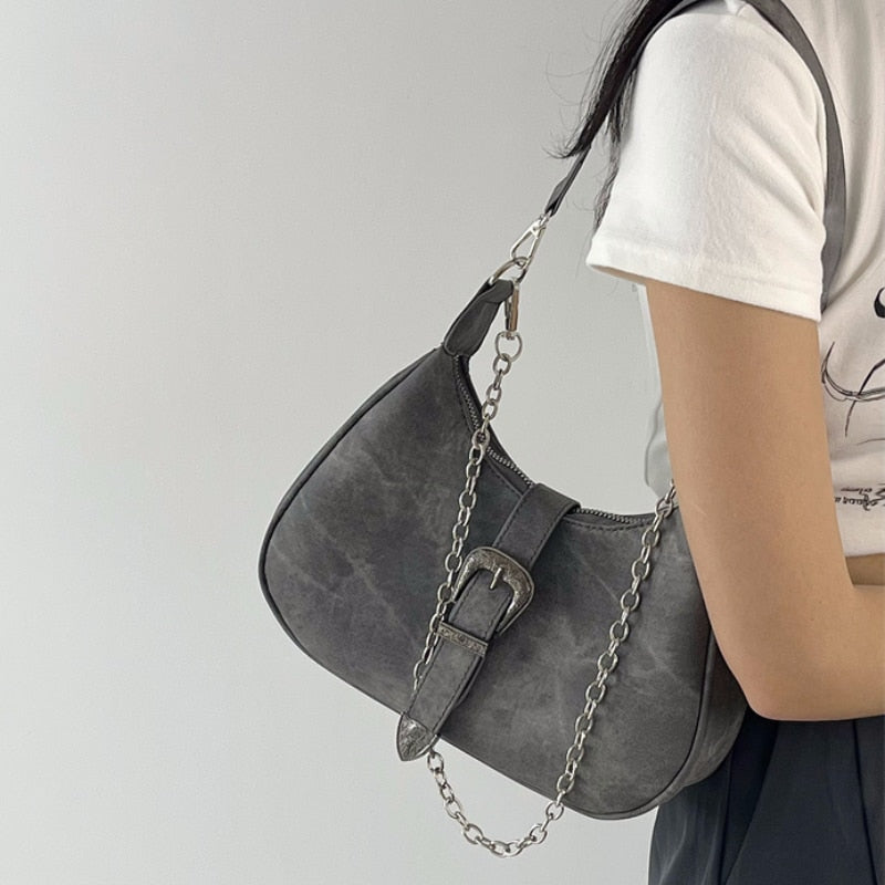 Fashion Women Canvas Hobos Underarm Bag High-quality Female Crescent Purse Handbags Retro Chain Cool Girls Black Shoulder Bags