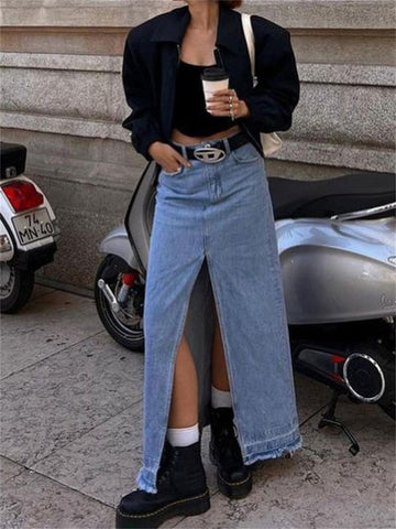 Geumxl Fashion Split Out Denim Skirt For Women Jeans Casual Streetwear Maxi Jean Skirts Buttom E-girl Y2k Long Skirt Spring New