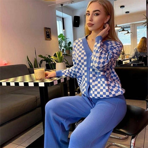 Geumxl Plaid Knitted Two Piece Women Sets Autumn Casual Tracksuit Outfits V Neck Knit Long Sleeve Sweater Pants Suits For Women 2022