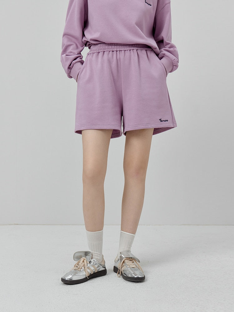 Geumxl 100% Cotton Oversized Sweatshirt Shorts Sets Autumn  Round Neck Drop Sleeve Purple Pullovers Women Elastic Waist Shorts