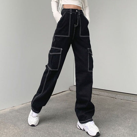 Geumxl Streetwear Pockets Black Cargo Jeans Women High Waist Straight Denim Trousers Woman 2023 Harajuku Wide Leg Long Pants