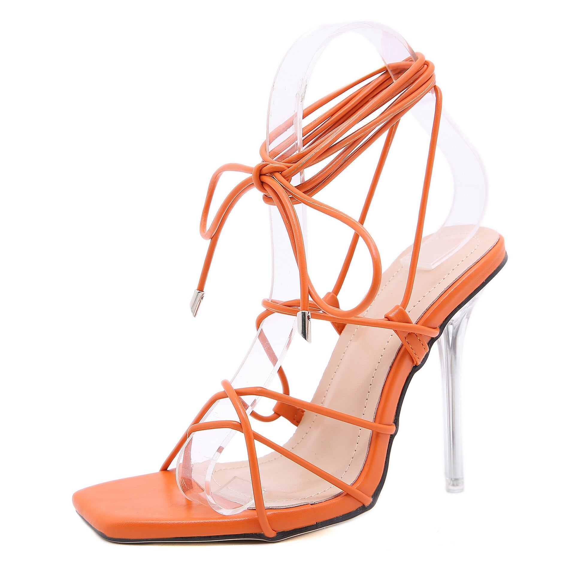 Sexy Clear Crytal Heel Women Pumps Ankle Cross Strap Sandals Shoes Woman Ladies Square Toe High Heels Party Shoes