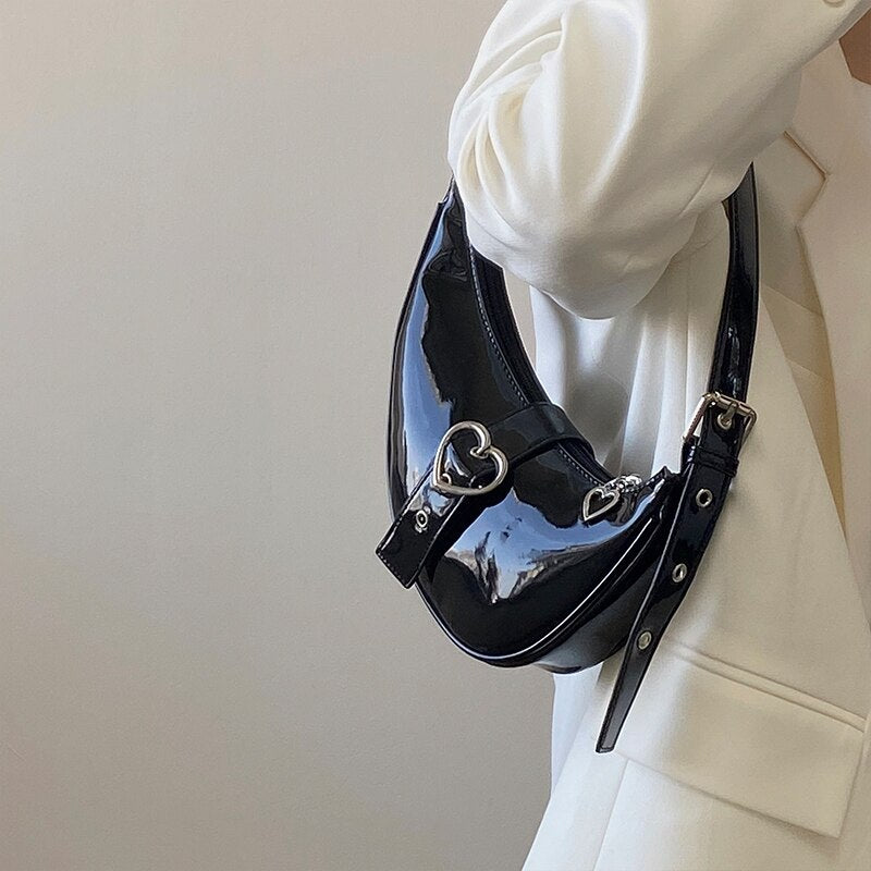 Crescent Moon Women's Underarm Bag Patent Leather Cool Girls Love Heart Shoulder Bags Luxury Design Female Party Purse Handbags