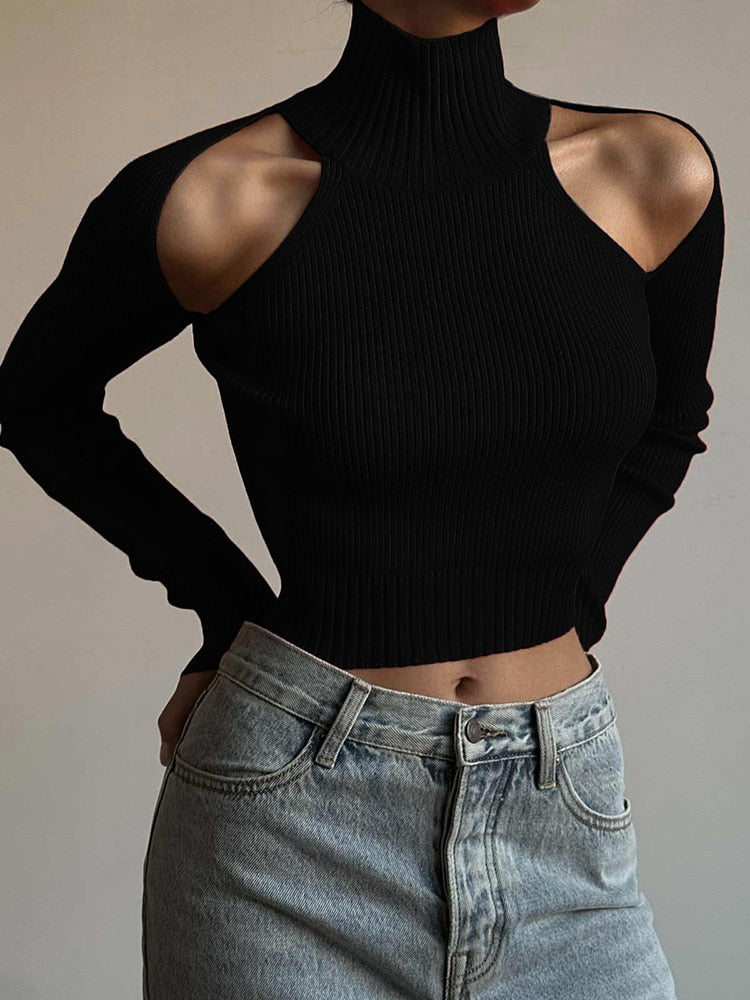 Geumxl Fashion Elegant Black Turtleneck Sweater Women Cold Shoulder Knitted Pullover Solid Slim Cut Out Jumper Design Autumn