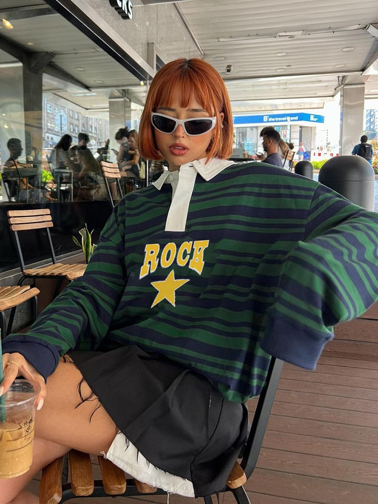 Geumxl Harajuku Green Stripe Star Print Loose Women's Sweatshirt Preppy Autumn Pullover Tops Korean Clothes Sweat Shirts Y2K
