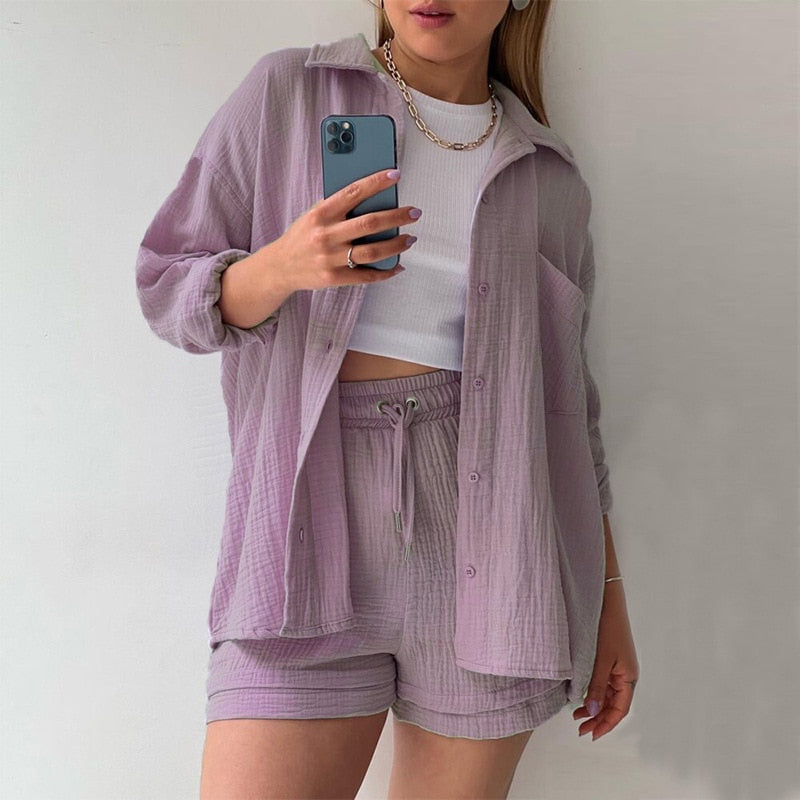 Back to School Viva Magenta Two Piece Set Summer Women'S Long Sleeve Short Sets Button Outfits Suit Solid Color Pleated Shirt Casual Set