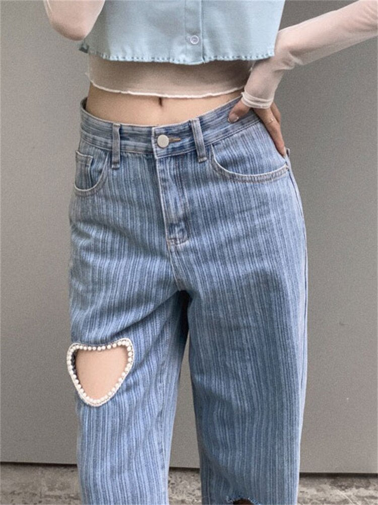 Geumxl Casual Baggy Straight Denim Jeans Ladies Heart High Waist Hollow Out Jeans Women Trousers Ripped Split Wide Leg Pants