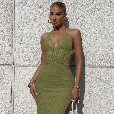 Fall outfits Knitted Cut Out Halter Sexy Backless Summer Beach Dress for Women Elegant Outfits Bandage Slit Dresses Bodycon New