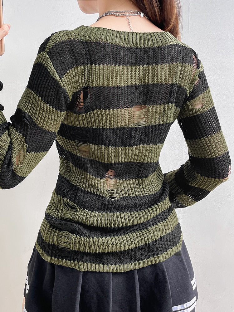 Geumxl Y2K Fairycore Grunge Hole Distressed Sweater Tops Vintage Stripe Ripped Pullover Knitting 90S See Through Jumpers New