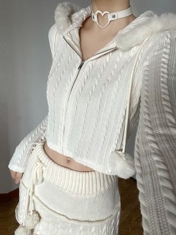 Korean Fashion White Knitted Twisted Cardigan Autumn Sweater Jacket Faux Fur Trim Collar Hooded Kawaii Hairball Coats