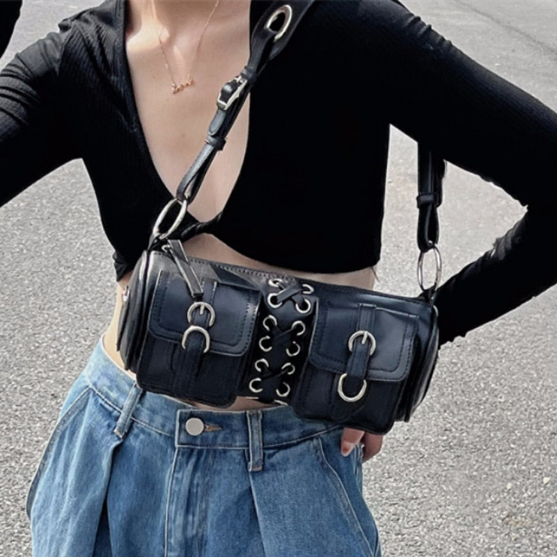 Back To School Vintage Black Women Cylinder Underarm Bags Double Pocket Design Ladies Shoulder Bag Fashion Female PU Leather Purse Handbags