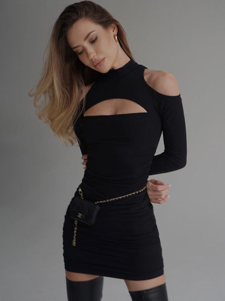 Geumxl Fashion Black Bodycon Folds Dress Elegant Open Shoulder Cut Out Clubwear Party Ruched Autumn Dress Women Clothes