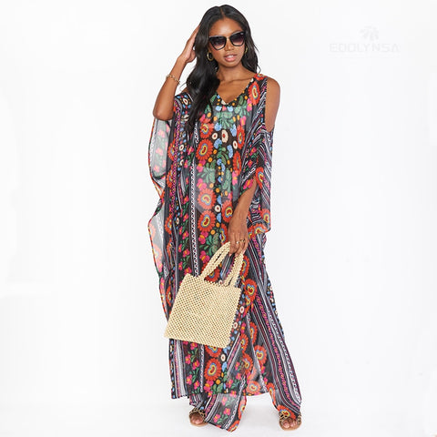 Geumxl 2022 Printed V-Neck Off The Shoulder Dress Plus Size Kaftan Robe Moroccan Kaftan Tunic Summer Women Beachwear Q1352