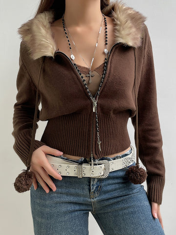 Geumxl Y2K Aesthetic Fluffy Fur Trim Collar Women Sweaters Jacket Furry 90S Vintage Zipper Coat Knitting Cardigans Knitwear