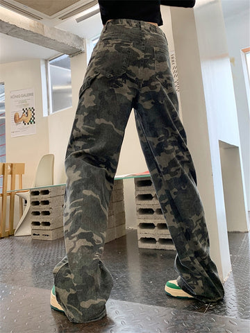 Geumxl High Waist Camouflage Denim Cargo Pants Womens New Autumn Streetwear Loose Wide Leg Long Pants Trouses Female