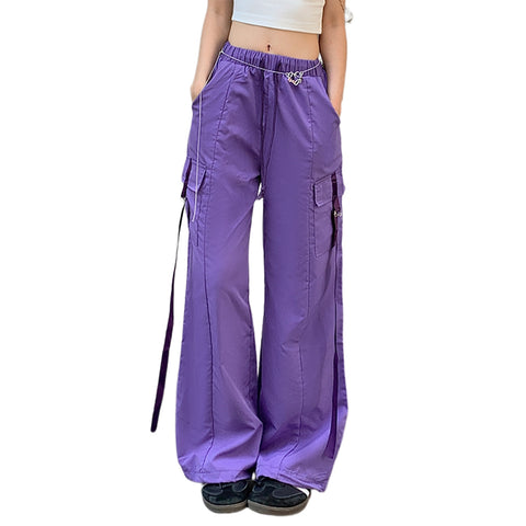 Back to School Oversized Ladies Purple Cargo Pants Women Hip Hop Pants Y2k Style Summer Pants with Pockets Casual High Waist Daily Outfit