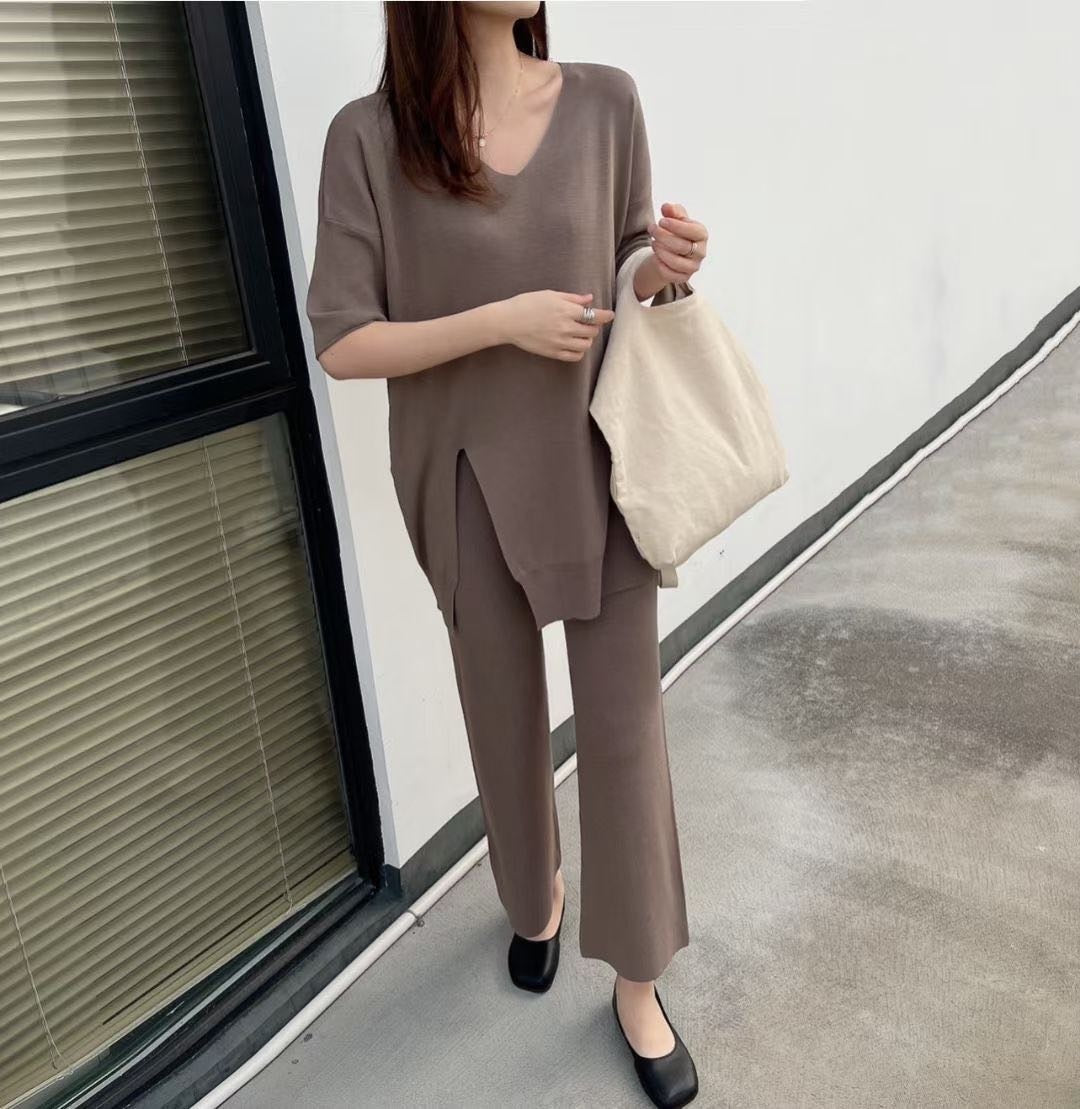 Geumxl Trouser Suits Summer Sweater Two Piece Set Women V-Neck Casual Suit Ladies Plus Size Designer Style Knitted Outerwear Lazy Oaf