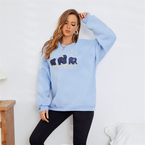 Geumxl Sky Blue Oversized Fleece Pullover Sweatshirt Cotton Long Sleeve Korean Style Cute Bear Crewneck Sweatshirt Streetwear For Women