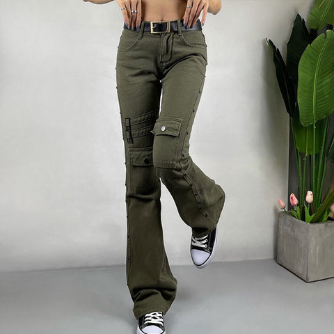 Geumxl Vintage Y2K Army Green Flare Jeans Women Casual Solid Pockets Baggy Denim Trousers Low Waist Aesthetic Grunge Fairycore Joggers