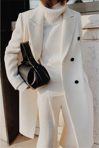 Geumxl Woolen Blends Winter Coat For Women Lapel Double-Breasted Office Lady Long Jackets Windbreaker 2023 Casual Female Coats White