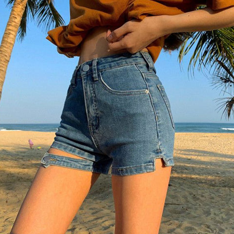 Geumxl Streetwear Tight Denim Shorts Women 2023 Fashion High Waist Slimming Shorts Woman Button Split Y2K Short Jeans Ladies