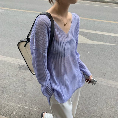 Geumxl V Neck Knitted Through T Shirt Women Clothes  Long Sleeve Solid 2022 Summer Spring Korean Tee Shirt Femme Ladies Tops Loose
