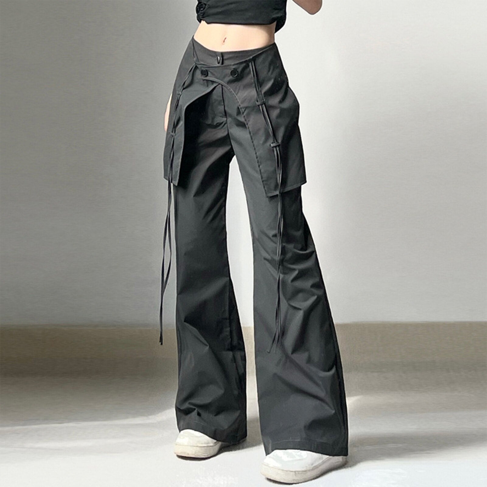 Back to School Y2K Long Pants Mid Waist Women Wide Leg Pants Comfortable Black Solid Color Relaxed Fit Drawstring Streetwear with Large Pockets