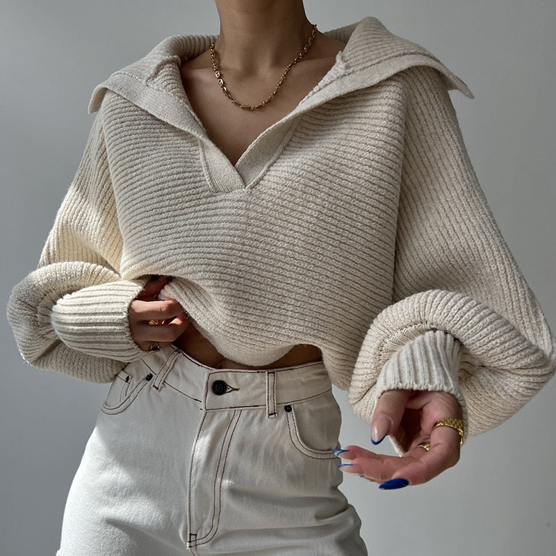 Geumxl Casual Solid Loose Autumn Winter Jumper Knit Sweater Basic Fashion Chic Female Pullover Turn-Down Collar Knitting Top