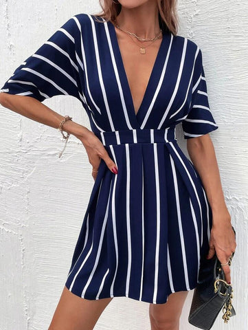 Back to School 2023 Summer Dresses for Women Casual Long Women's Striped Print Wrap V Neck Short Sleeve A Daytime Dresses Women Casual