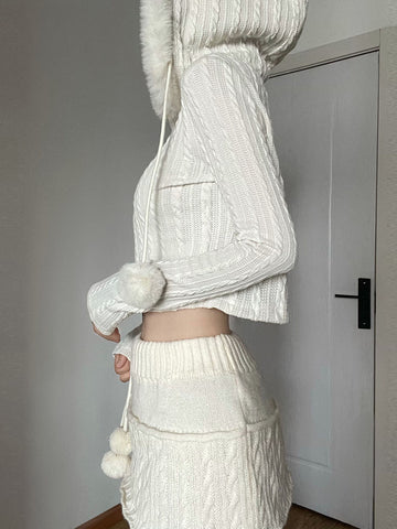 Korean Fashion White Knitted Twisted Cardigan Autumn Sweater Jacket Faux Fur Trim Collar Hooded Kawaii Hairball Coats