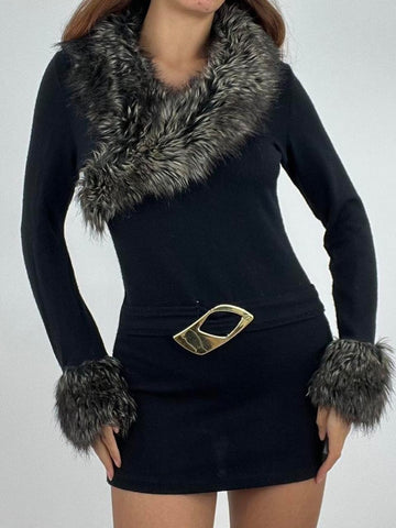 Geumxl Fashion Fluffy Patchwork Fur Collar Black Winter Dress Ladies Bodycon Elegant Warm Y2K Vintage Clothes Dresses Party
