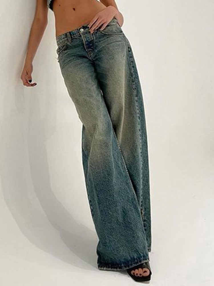 Geumxl Streetwear Distressed Y2K Aesthetic Low Rise Jeans Female Vintage Clothes Chic Washed Straight Leg Pants Denim Bottom