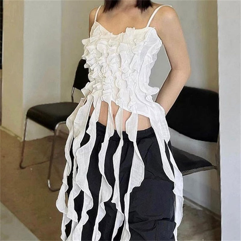 Geumxl  Backless Camisole Tops For Women New Fashion Designer Ruffled Summer Camis Tank Top Bustier Mini Tops Party Wear