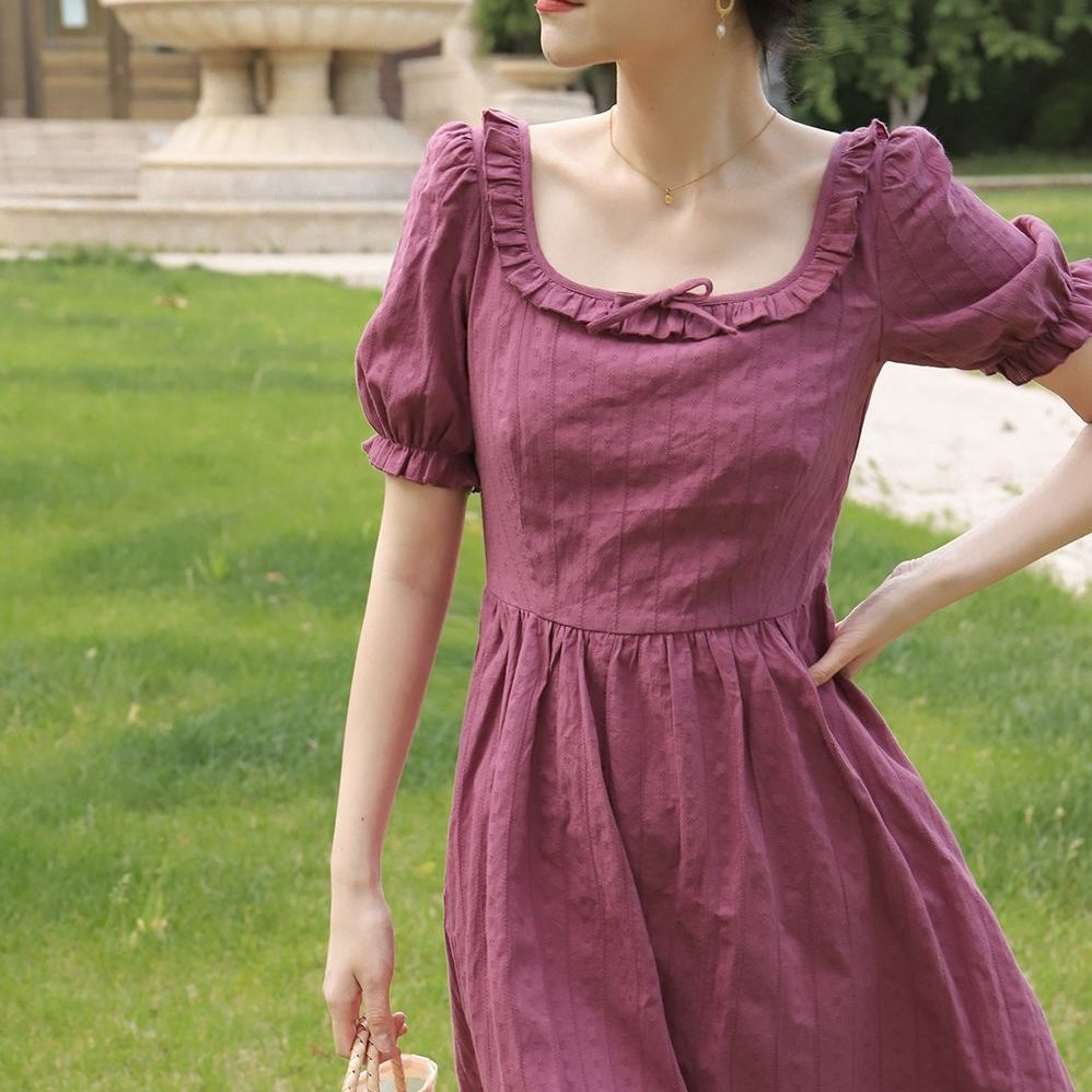 Elegant Retro Summer Dress Women's Puff Sleeve V-Neck High Waist Sweet Ruffle Long Dress Korean Fashion New