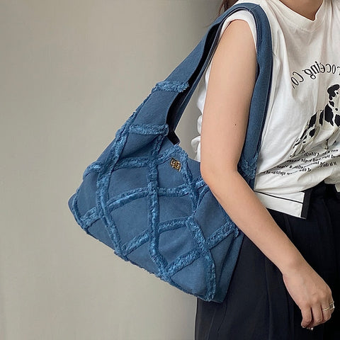 Geumxl Denim Design Women Tote Handbags Fashion Cloth Ladies Big Travel Underarm Bag Large Capacity Female Tassel Blue Shoulder Bags