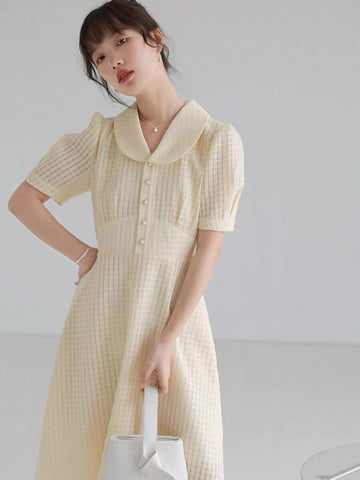 Geumxl Vintage Yellow French Summer Dresses Woman 2023 Puff Sleeve Chic and Elegant Square Collar Ropa Mujer Talla Grande