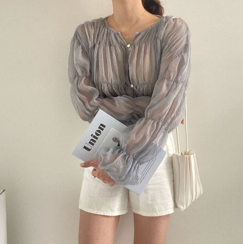 Korean Fashion Pleated Casual Blouse Women Summer New Loose Folds Perspective Chiffon Shirt Long Sleeve Tops Blusas Mujer 15624