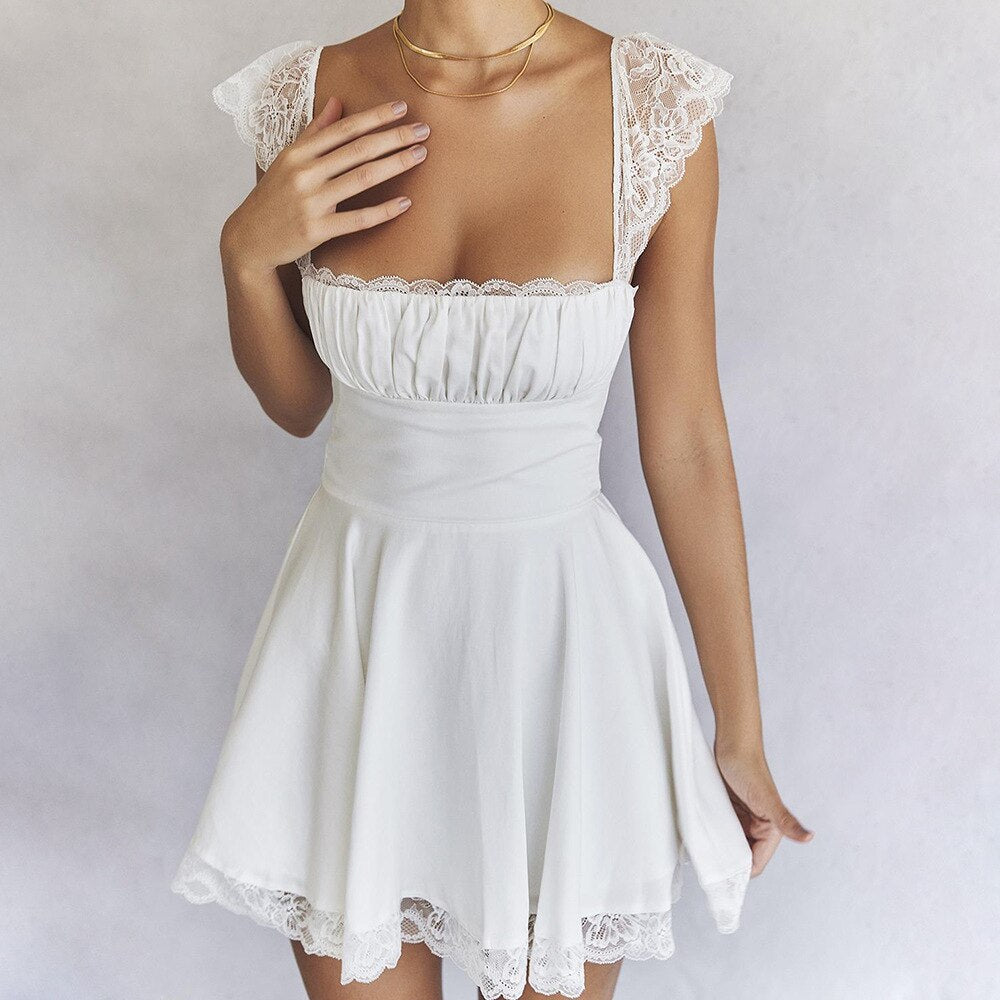 Geumxl Elegant White Lace skirt with suspenders Mini Dress For Women Fashion Sleeveless Backless Loose Sexy Short Dresses