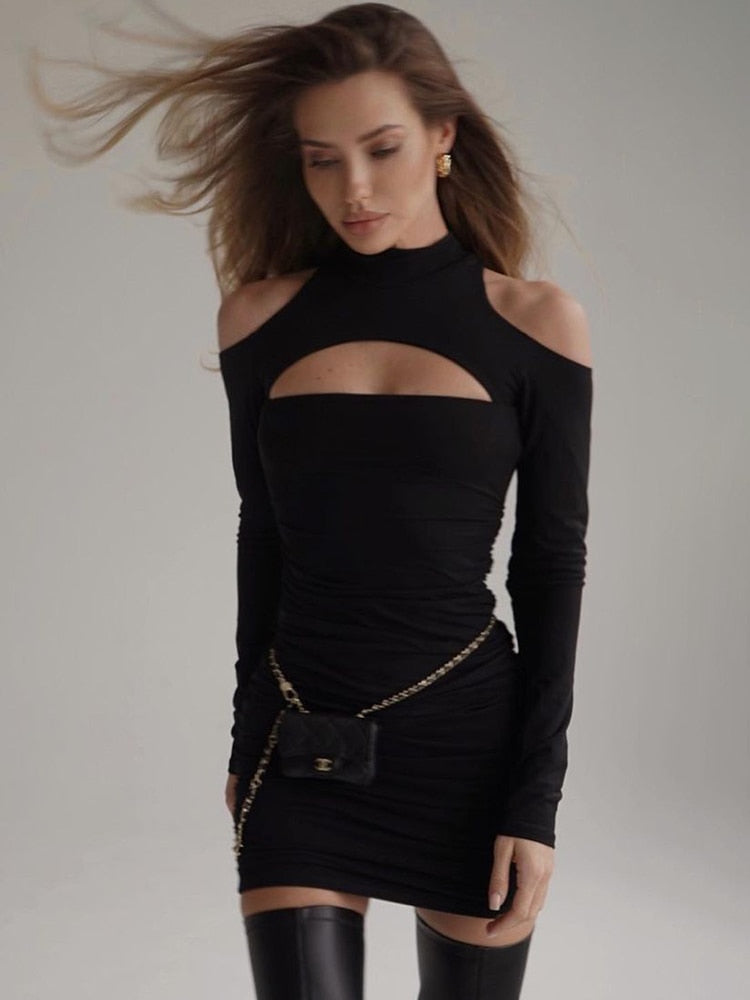 Geumxl Fashion Black Bodycon Folds Dress Elegant Open Shoulder Cut Out Clubwear Party Ruched Autumn Dress Women Clothes